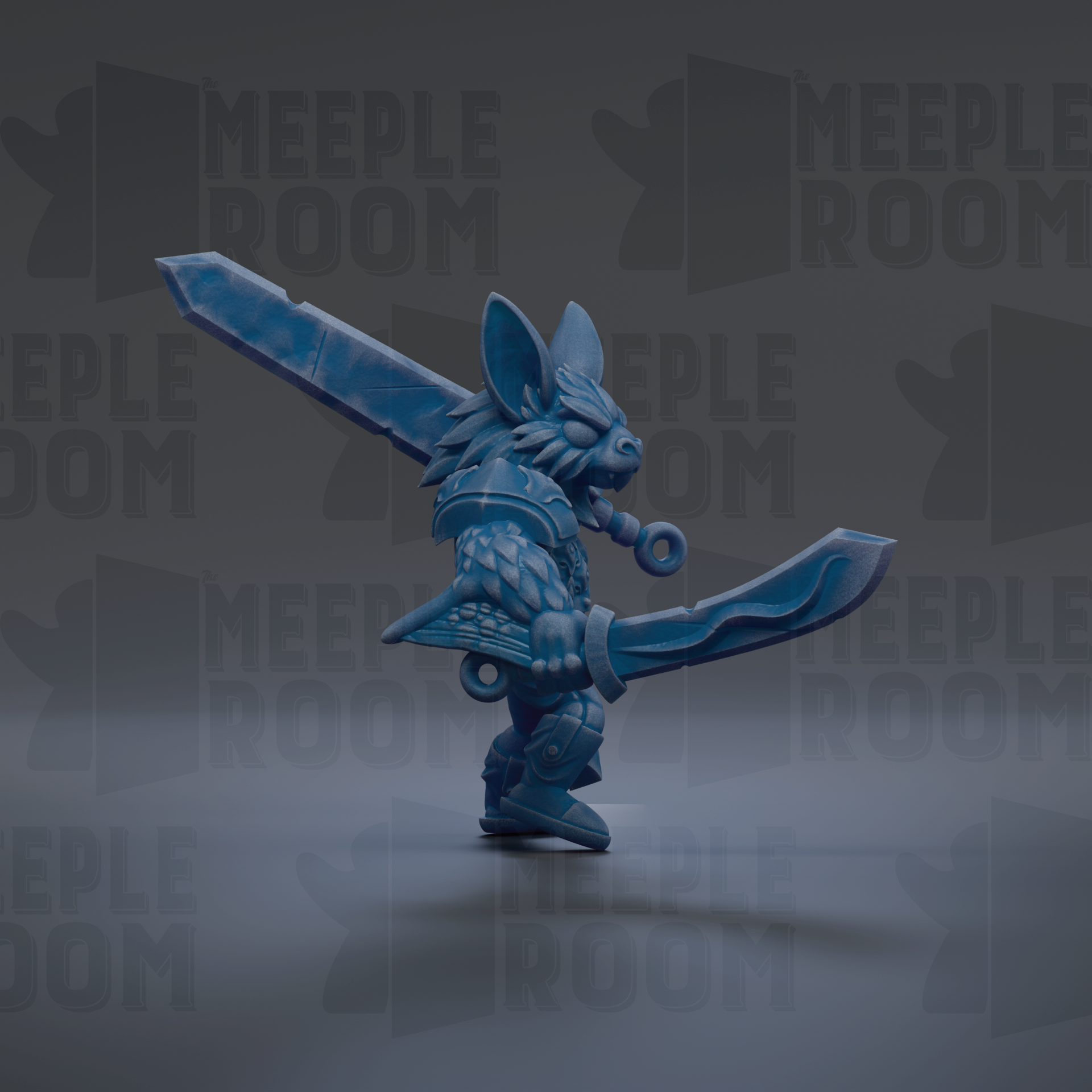 A blue, furry creature holding a large sword in its right hand, standing on one leg against a dark background with repeated text.