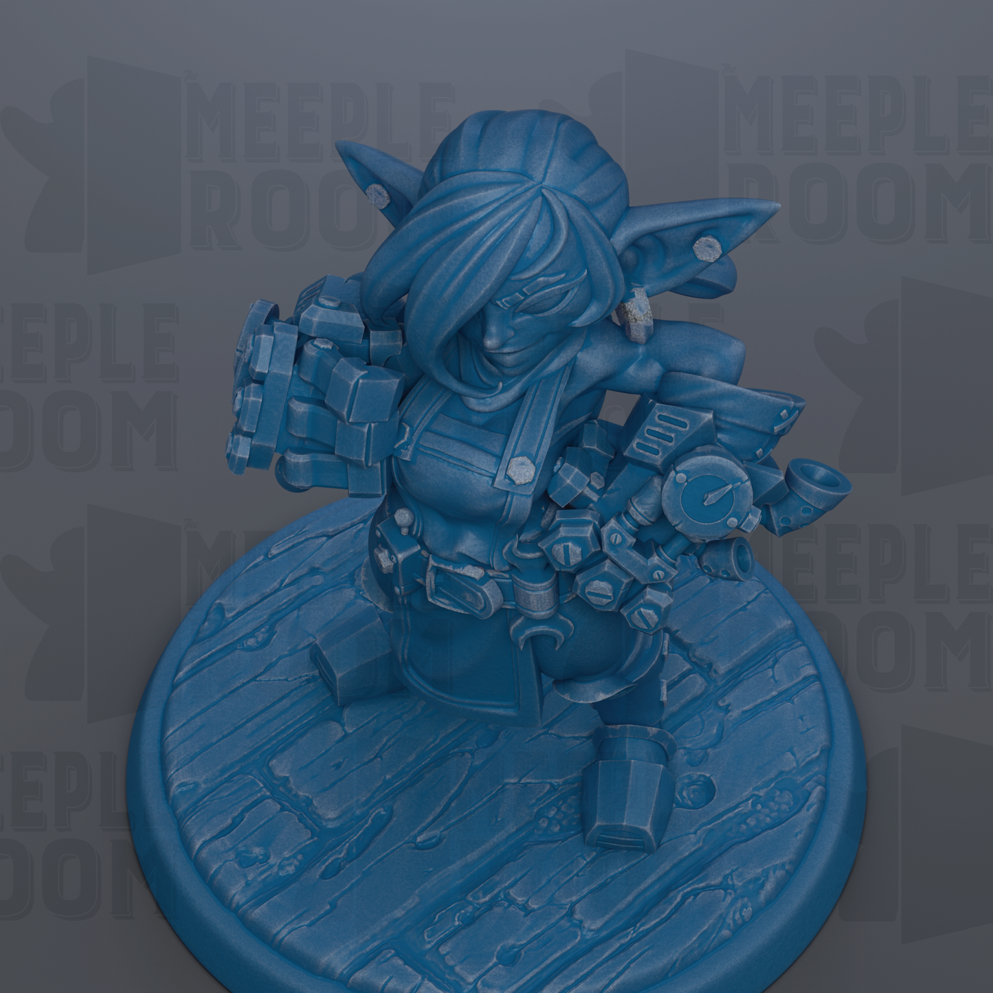 A blue figurine of a character with a large head and a small body, standing on a wooden base.