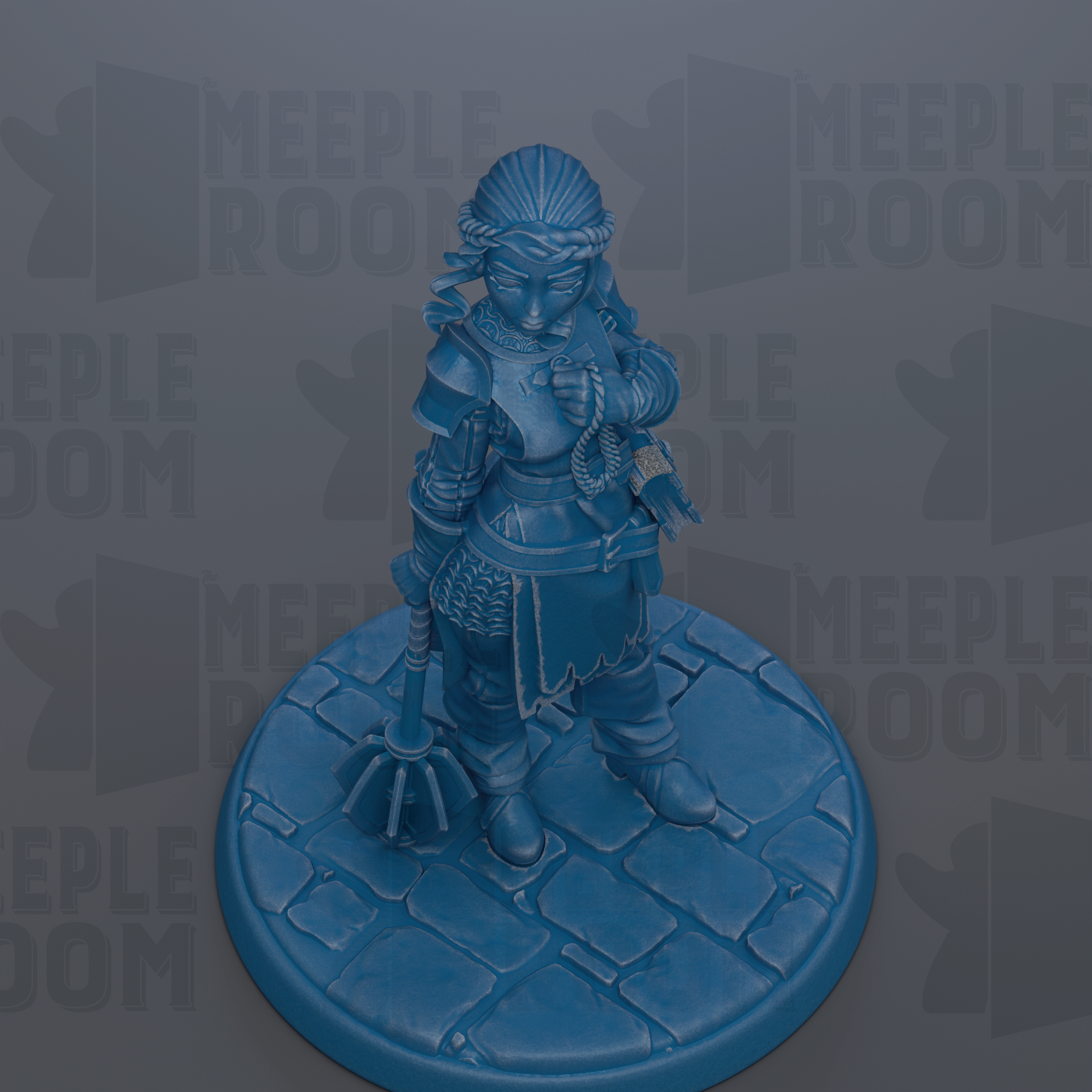 A blue figurine of a person standing on a stone base, holding a weapon and wearing a helmet.