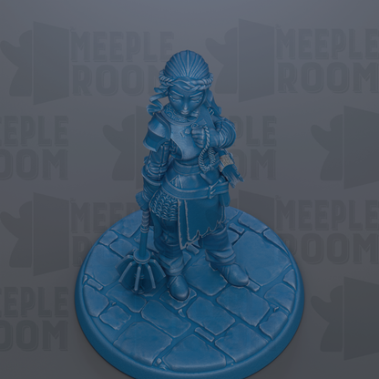 A blue figurine of a person standing on a stone base, holding a weapon and wearing a helmet.