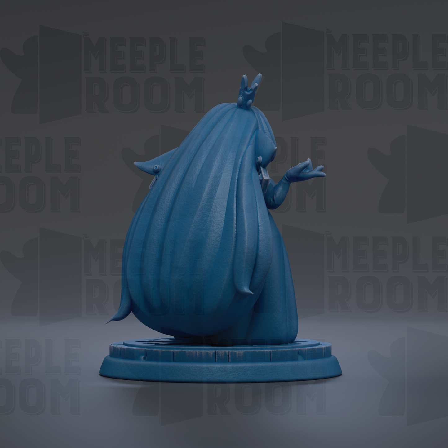 A blue, cartoonish statue of a character with a large head and long, flowing hair stands on a pedestal against a dark background with repeated text.
