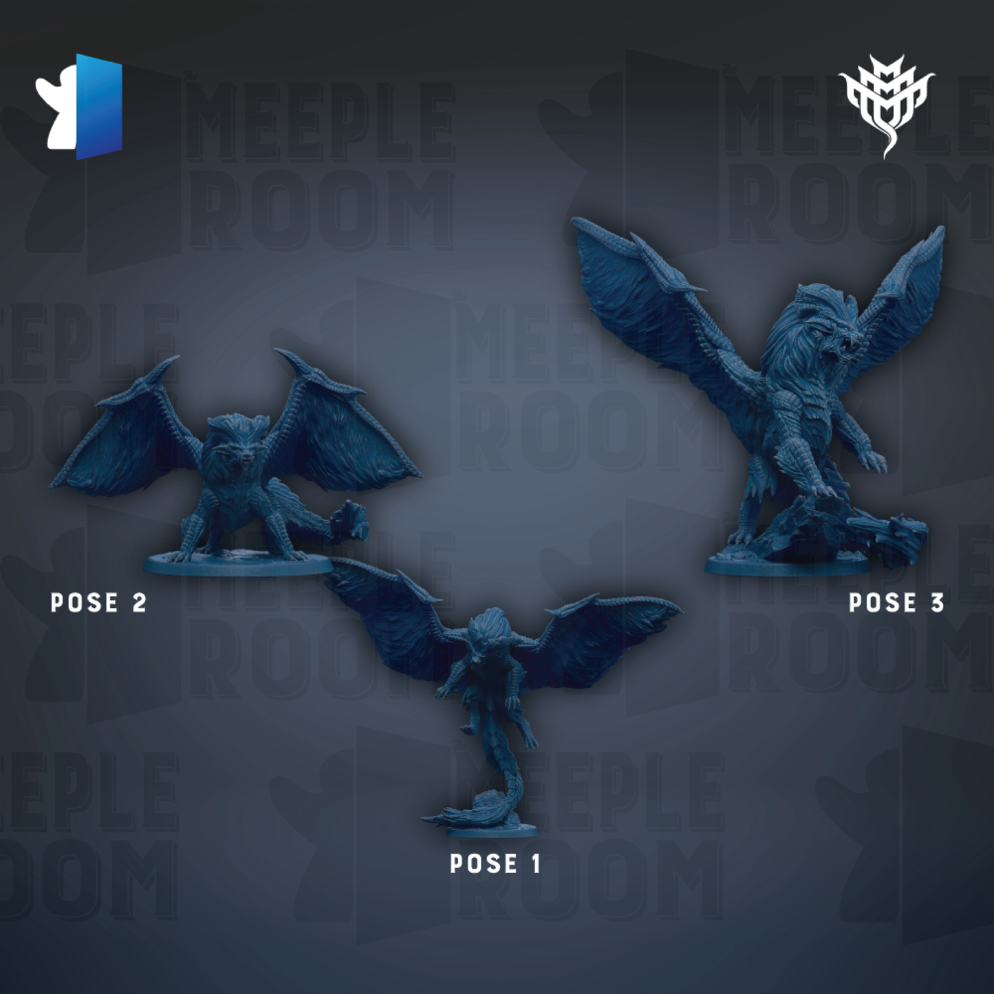 three blue figurines of winged creatures, each with different poses, arranged against a dark background with the text "MEIPLE ROOM" repeated multiple times.