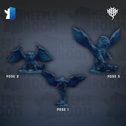 three blue figurines of winged creatures, each with different poses, arranged against a dark background with the text "MEIPLE ROOM" repeated multiple times.