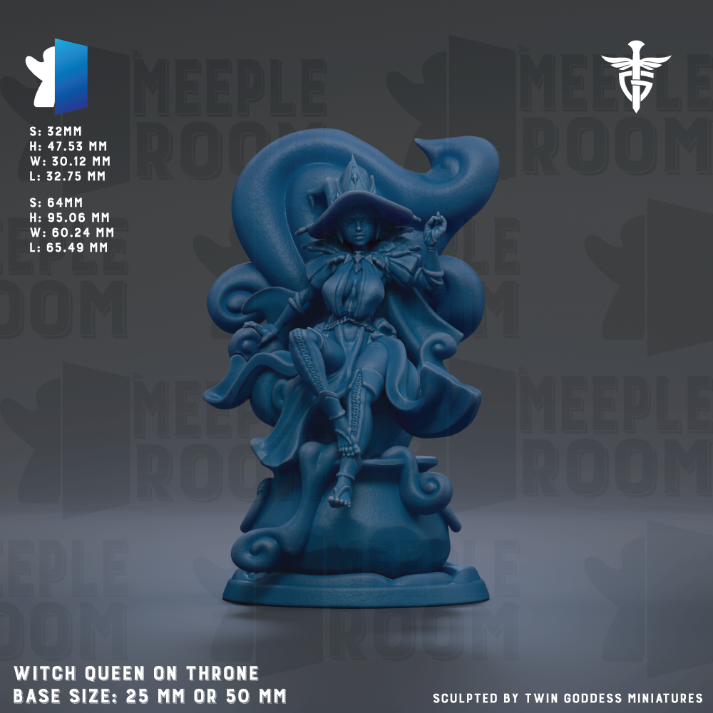 The image is a detailed 3D rendering of a blue figurine depicting a witch on a throne, with the base size being either 25mm or 50mm. The figurine is sculpted by Twin Goddess Miniatures.