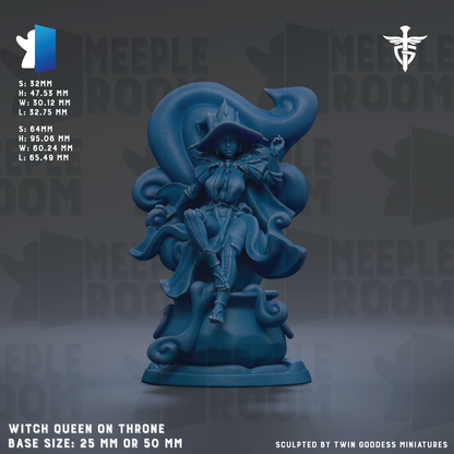 The image is a detailed 3D rendering of a blue figurine depicting a witch on a throne, with the base size being either 25mm or 50mm. The figurine is sculpted by Twin Goddess Miniatures.