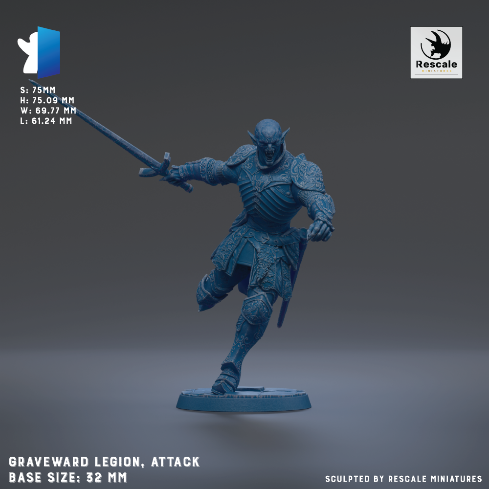 a figurine of a warrior figure, specifically a graveyard guardian, in a dynamic fighting stance. The figurine is made of a material that appears to be a combination of metal and plastic, and it is depicted in a 3D rendering. The figurine is shown in a fighting pose, with its arms outstretched and a sword in hand. The base size of the figurine is 32 millimeters. The image is a sculpture by Rescue Miniatures, as indicated by the text at the bottom of the image.