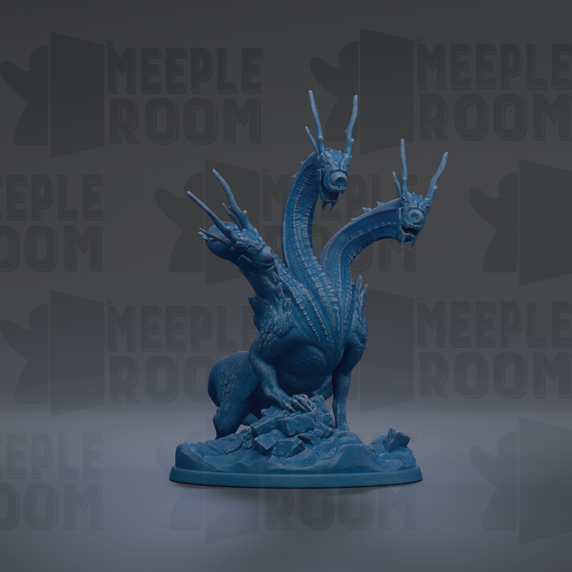A blue, three-headed monster figurine is displayed against a dark background with repeated text.