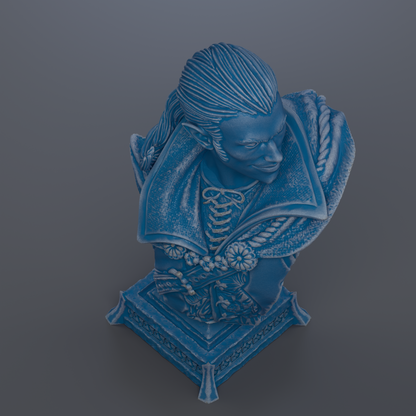 A blue bust sculpture depicting a man with a serious expression, wearing a cape and ornate jewelry.