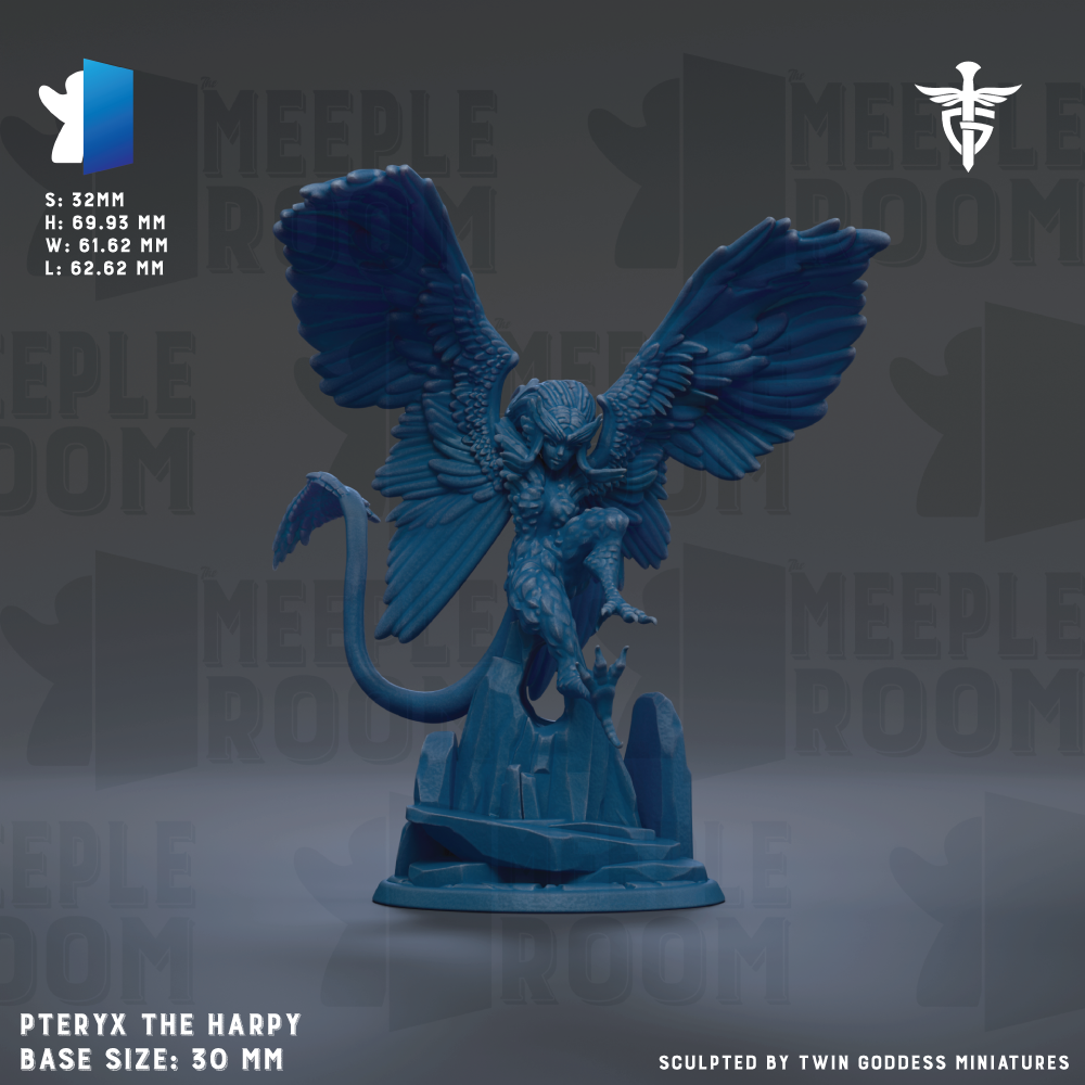 The image is a 3D rendering of a blue winged creature, possibly a mythical or fantastical being, with a detailed and intricate design. The creature is standing on a pedestal or base, and the image is labeled with the text "Pteryx the Harpy Base Size: 30mm" and "Sculpted by Twin Goddesses Miniatures".