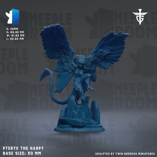 The image is a 3D rendering of a blue winged creature, possibly a mythical or fantastical being, with a detailed and intricate design. The creature is standing on a pedestal or base, and the image is labeled with the text "Pteryx the Harpy Base Size: 30mm" and "Sculpted by Twin Goddesses Miniatures".