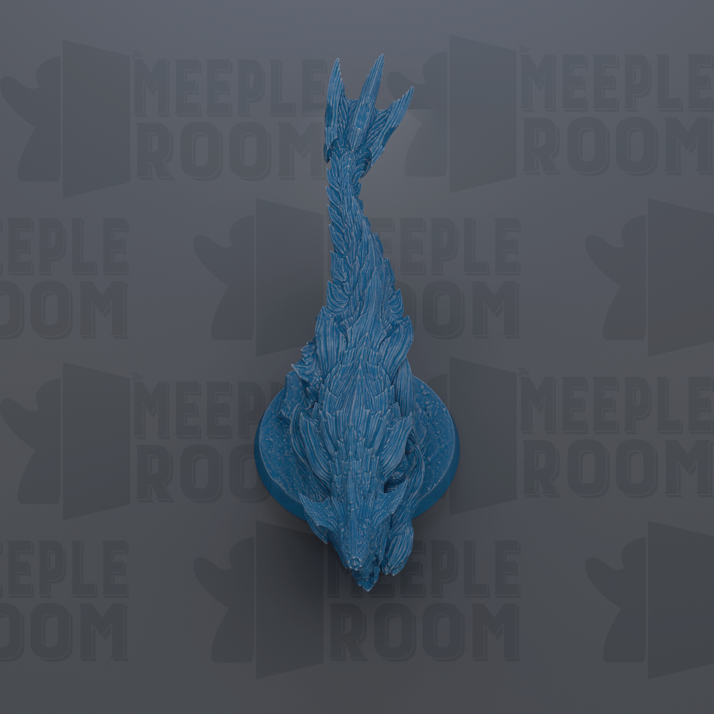 A blue, stylized fish-like creature is prominently displayed against a dark background with repeated text.
