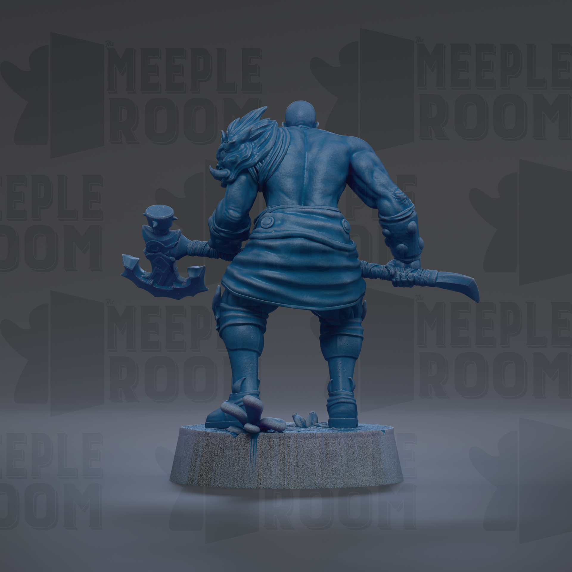 A blue, 3D-rendered statue of a warrior figure holding a weapon and standing on a pedestal.