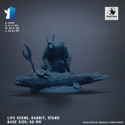The image is a 3D rendering of a life-sized rabbit statue, featuring a detailed and realistic depiction of the creature. The rabbit is standing on a log, and the base of the statue is 50 millimeters in size. The image is a sculpture by Rescue miniatures, as indicated by the text at the bottom of the image.