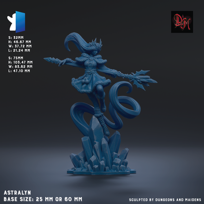 The image is a 3D rendering of a female fantasy character, likely a fairy or magical being, with a long, flowing hair and a halo. The character is depicted in a dynamic pose, with one arm extended and the other holding a weapon. The character is standing on a base that is either 25mm or 60mm tall, depending on the specific details of the image. The image is described as a sculpture, and it is created by d20 gamers.