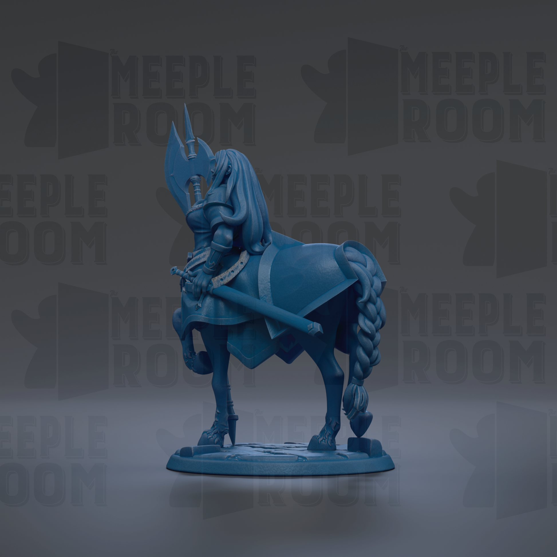 A blue figurine of a knight on horseback, with a sword in hand, is the central focus of the image.