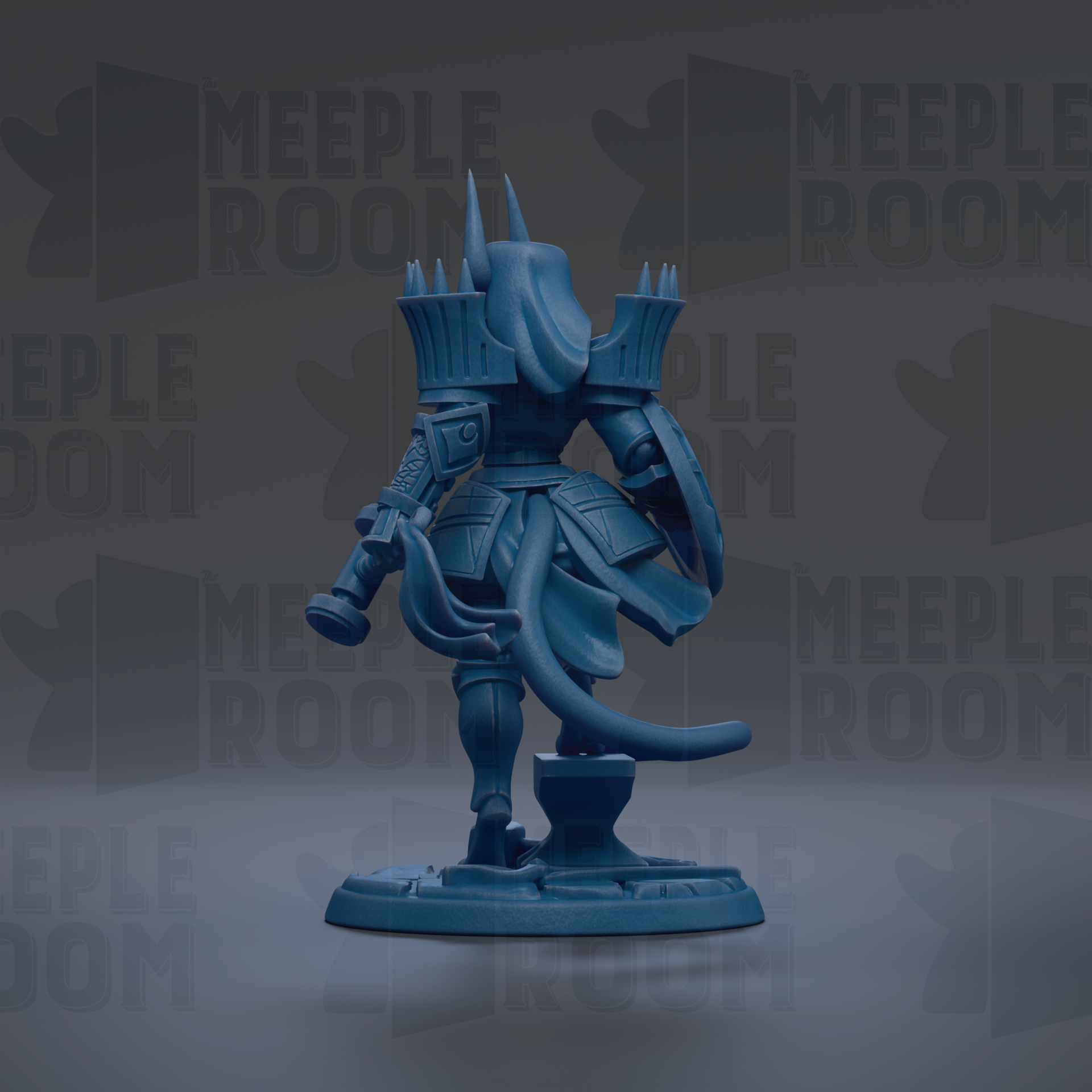 A blue figurine of a warrior standing on a base, with the text "MEUPLE ROOM" repeated in the background.