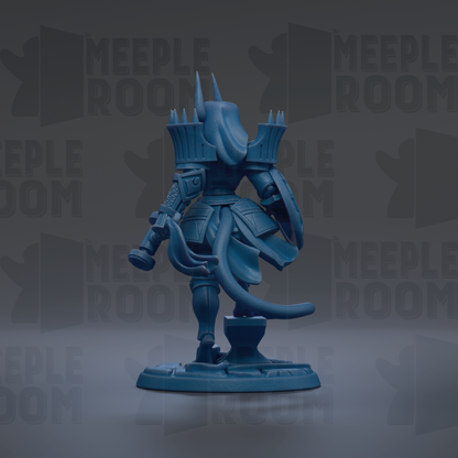 A blue figurine of a warrior standing on a base, with the text "MEUPLE ROOM" repeated in the background.