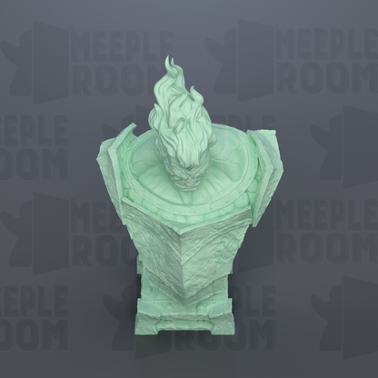 A green statue of a person with a flame-like design on their head, set against a dark background with repeated text.