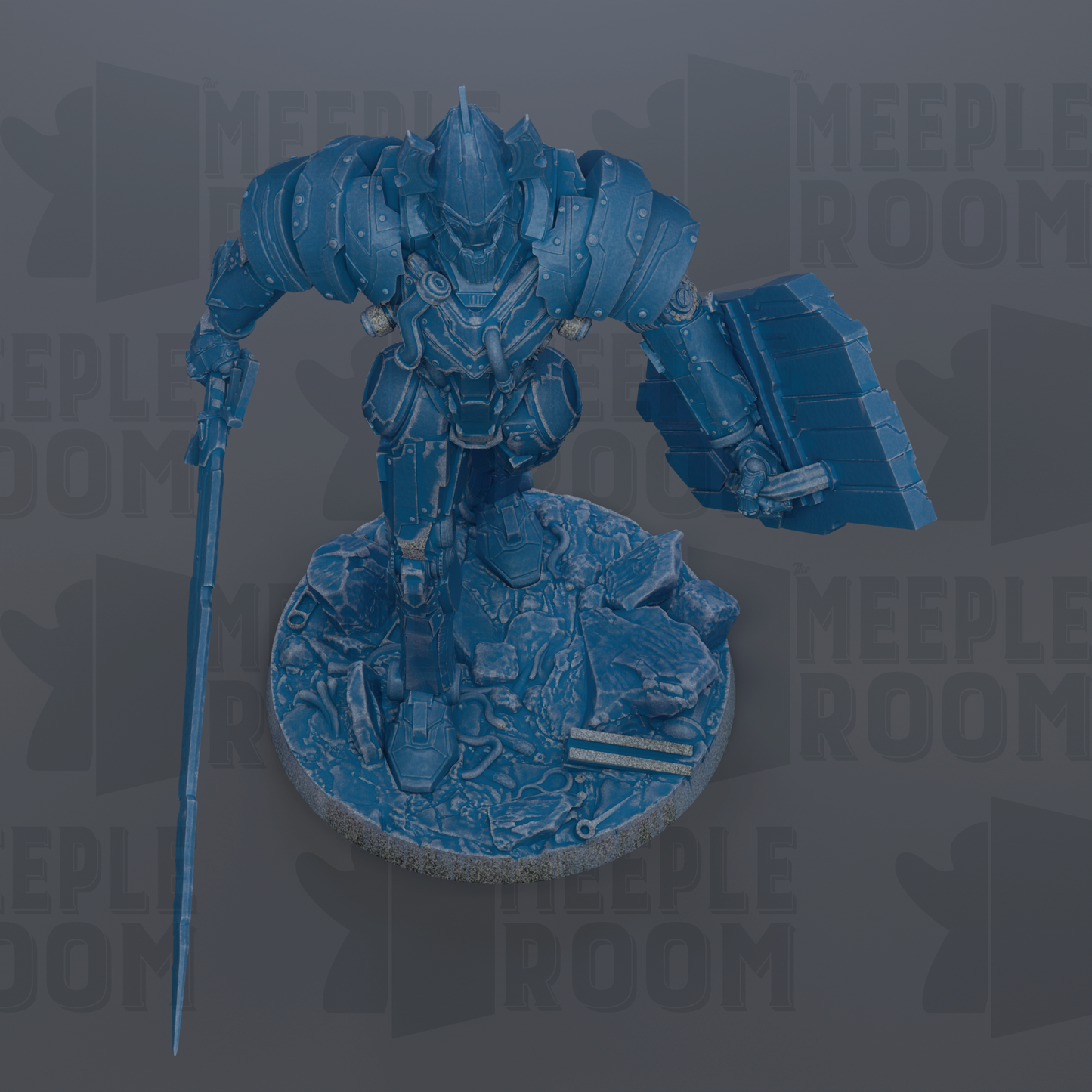 A 3D rendering of a blue armored robot figure, holding a sword and standing on a rocky surface.