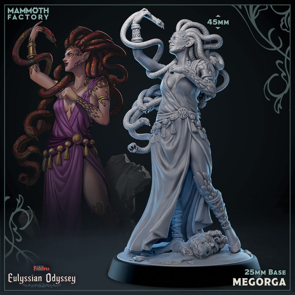 two figurines of women, one with long, red hair and the other with long, white hair, both holding snakes. The figurines are on a base, and the image is labeled with the text "Mammoth Factory" and "Megan's".