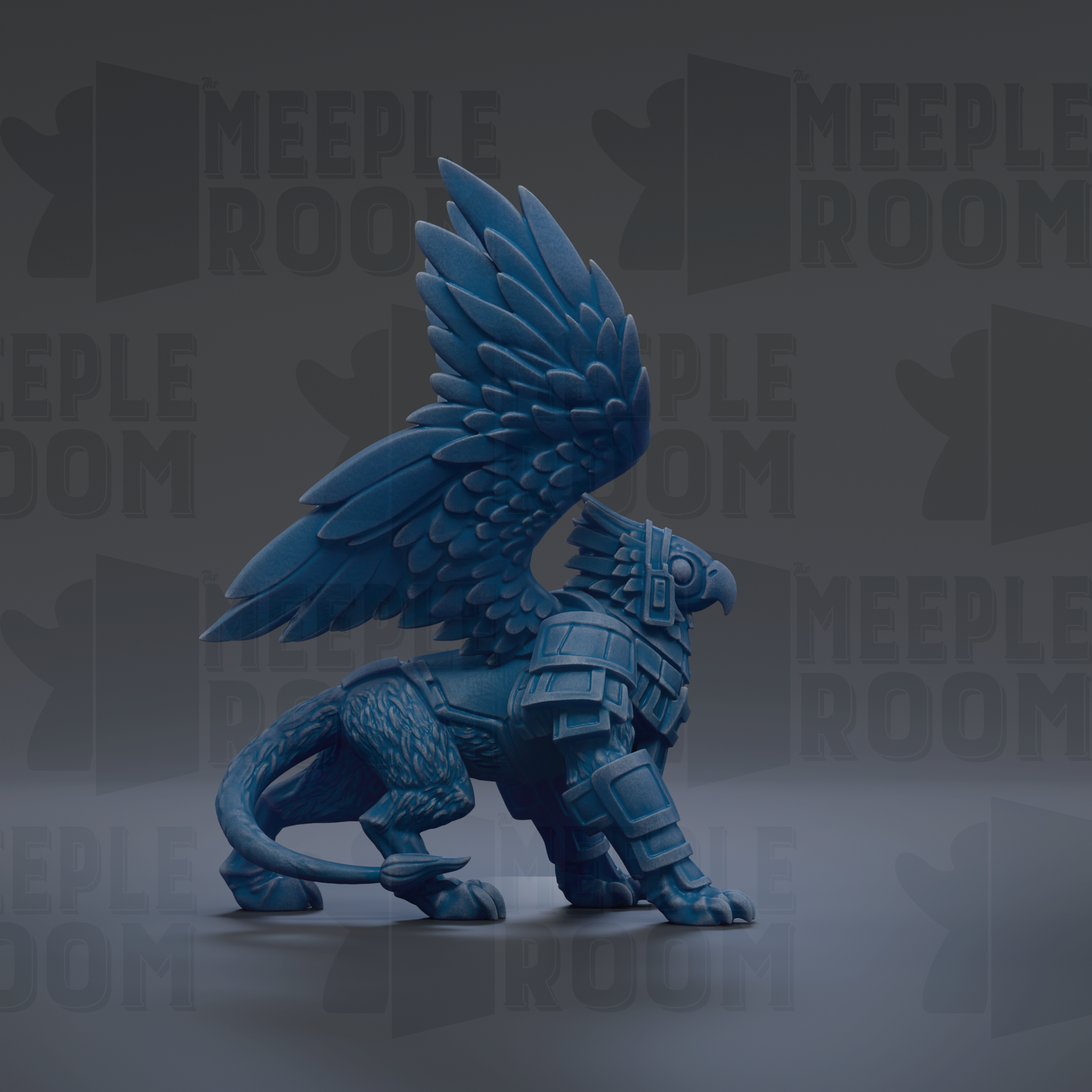 A blue winged creature with a fierce expression stands on a gray surface against a dark background.