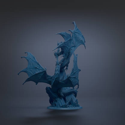 A 3D rendering of a blue dragon statue with wings spread wide, standing on a base.