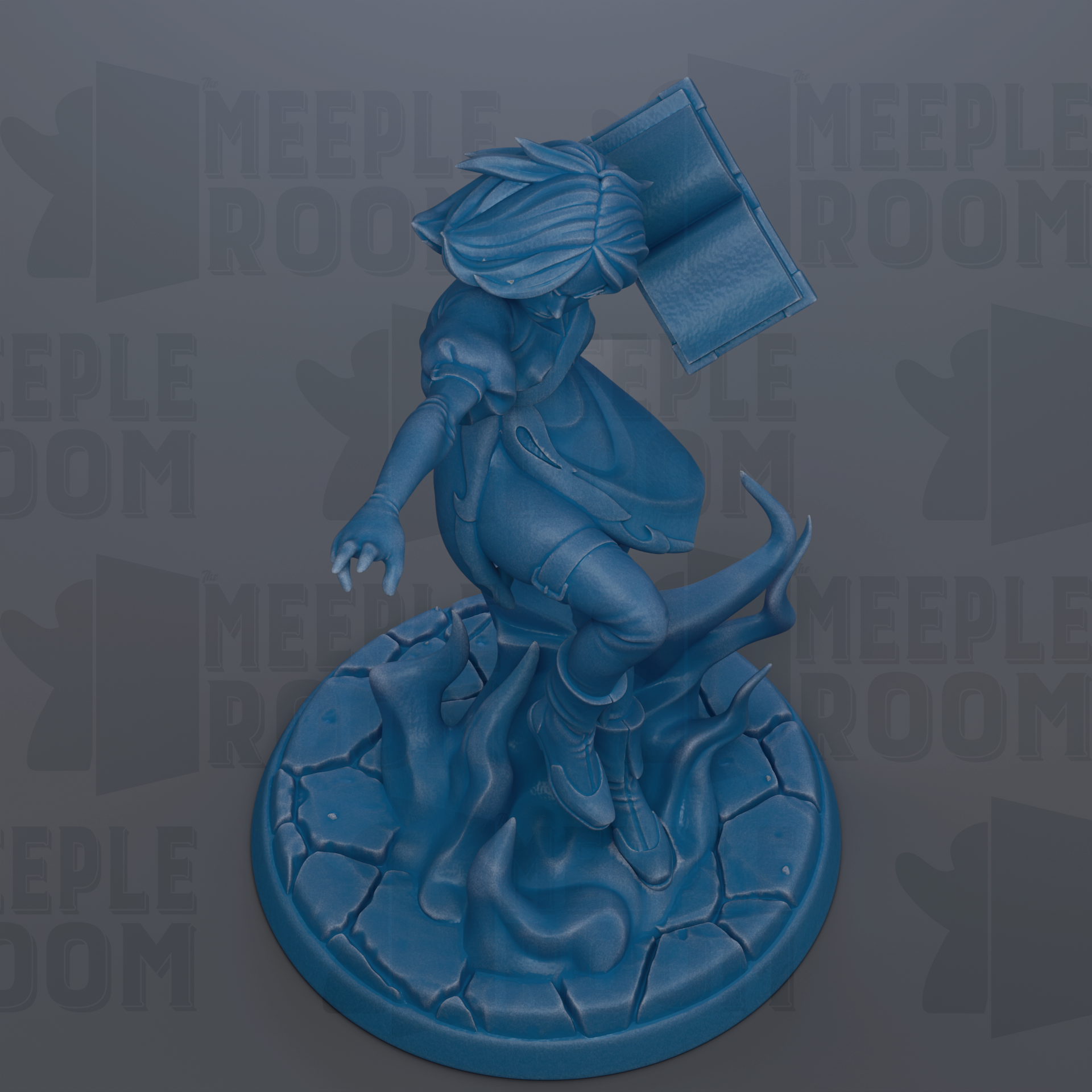 A blue figurine of a person with a book in their hand, standing on a rock formation.