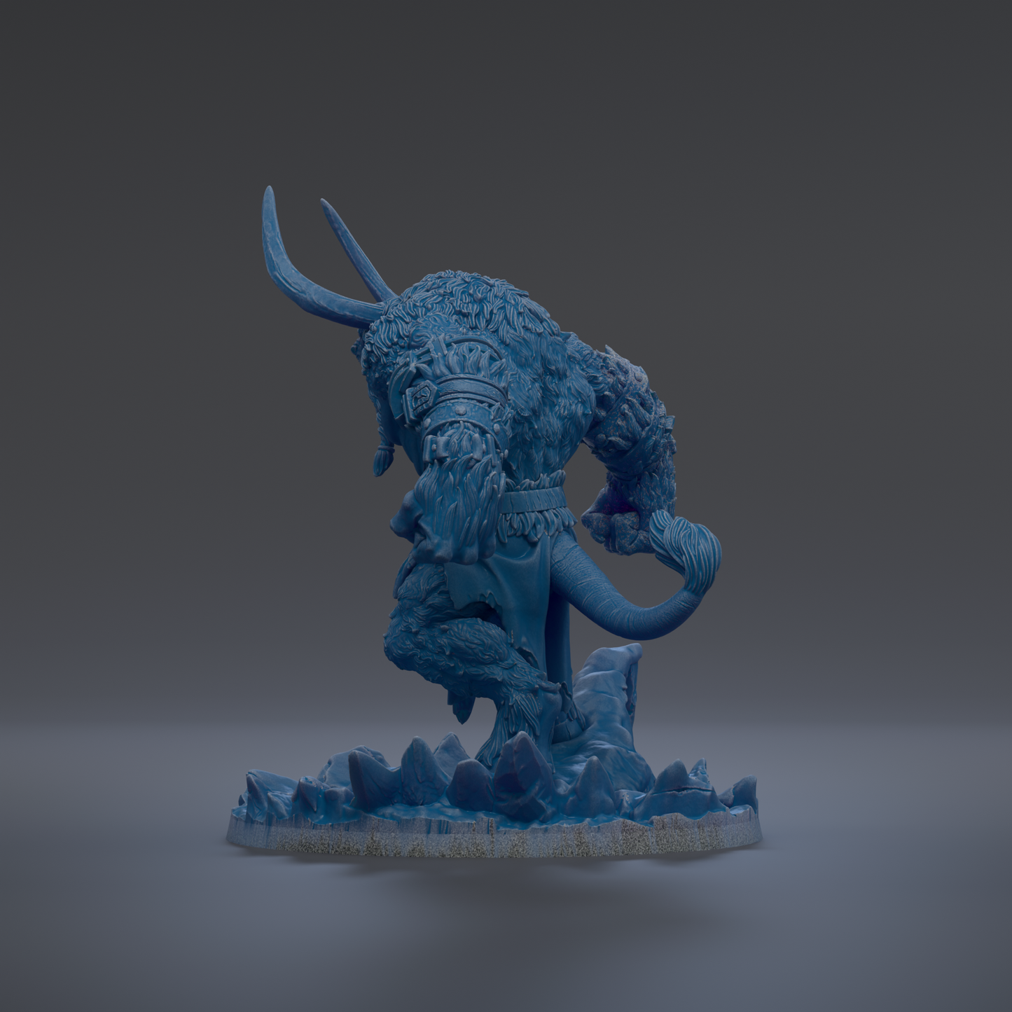 A blue, 3D-rendered statue of a fantastical creature with horns and a large head, standing on a rocky base.