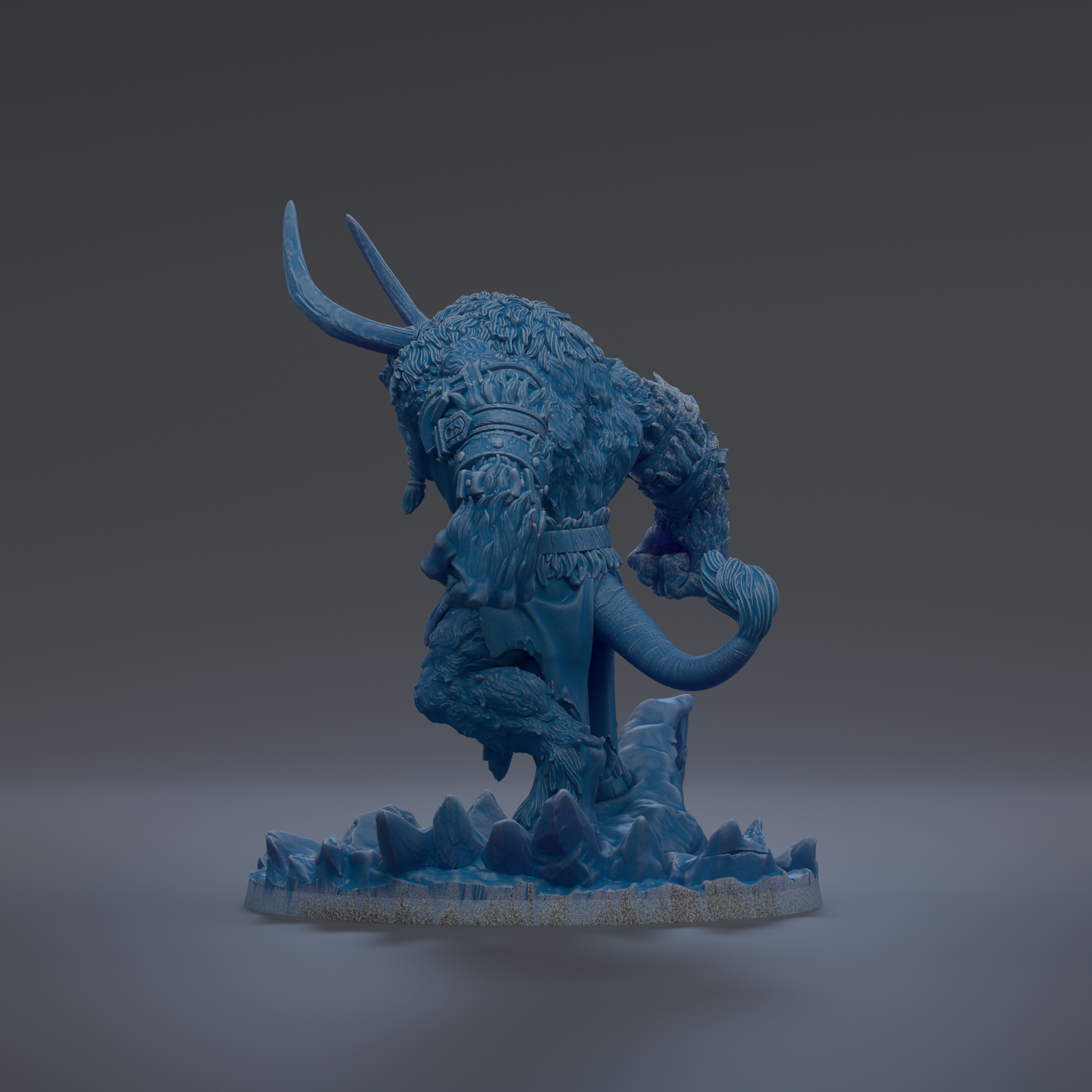 A blue, 3D-rendered statue of a fantastical creature with horns and a large head, standing on a rocky base.