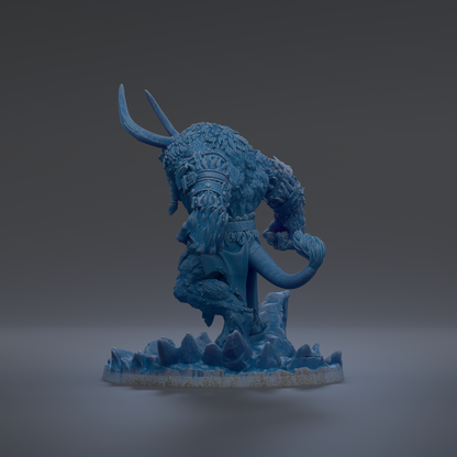 A blue, 3D-rendered statue of a fantastical creature with horns and a large head, standing on a rocky base.