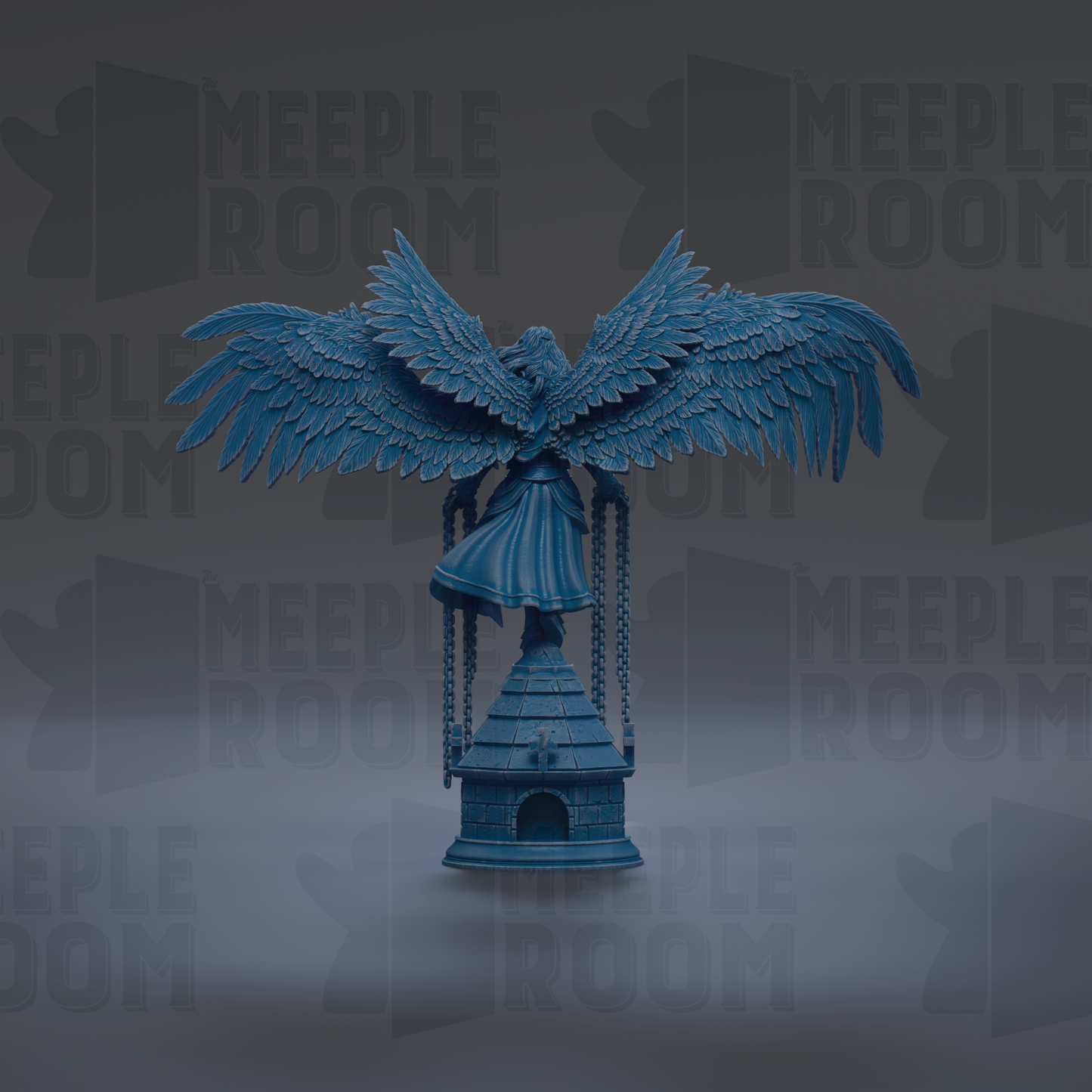 A blue, winged statue of a bird perched on a small structure, with the text "MEUPLE ROOM" repeated in the background.