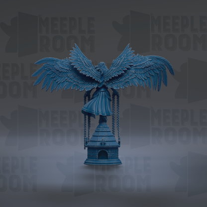 A blue, winged statue of a bird perched on a small structure, with the text "MEUPLE ROOM" repeated in the background.