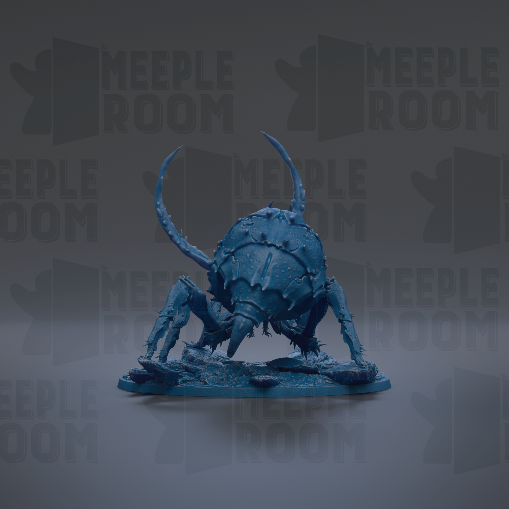 A blue, three-dimensional figurine of a large, crawling insect with long legs and curved antennae, set against a dark background with repeated text.