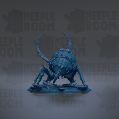 A blue, three-dimensional figurine of a large, crawling insect with long legs and curved antennae, set against a dark background with repeated text.