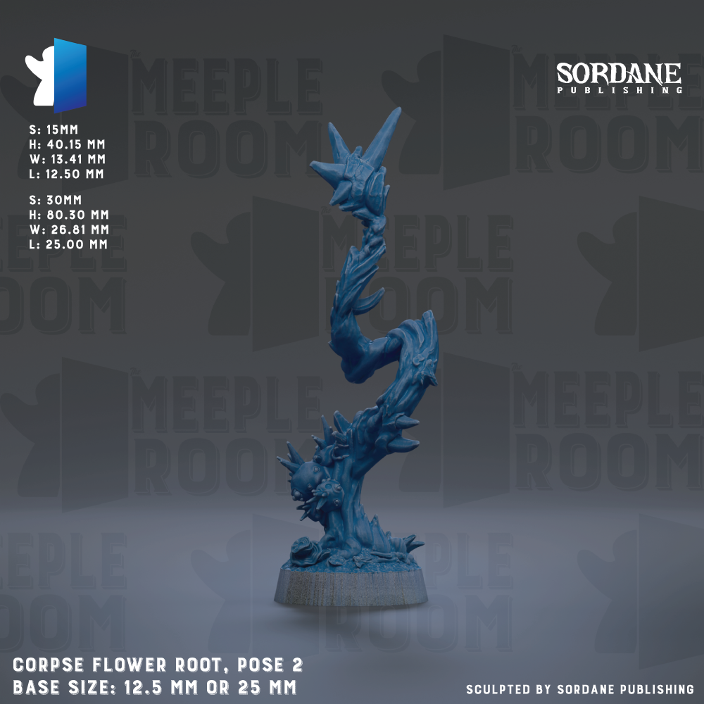 a blue, twisted, and spiky sculpture resembling a flower root or a twisted, spiky plant. The sculpture is positioned on a base and has a base size of either 12.5 mm or 25 mm. The image is a part of a larger collection of images, and it is published by Sordane Publishing.