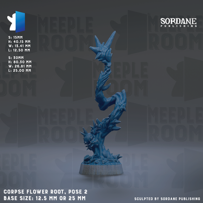 a blue, twisted, and spiky sculpture resembling a flower root or a twisted, spiky plant. The sculpture is positioned on a base and has a base size of either 12.5 mm or 25 mm. The image is a part of a larger collection of images, and it is published by Sordane Publishing.