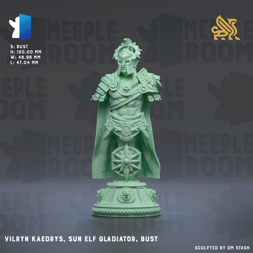 a statue of a warrior, specifically the Sun Elf Gladiator, with a detailed and intricate design.