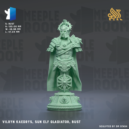 a statue of a warrior, specifically the Sun Elf Gladiator, with a detailed and intricate design.