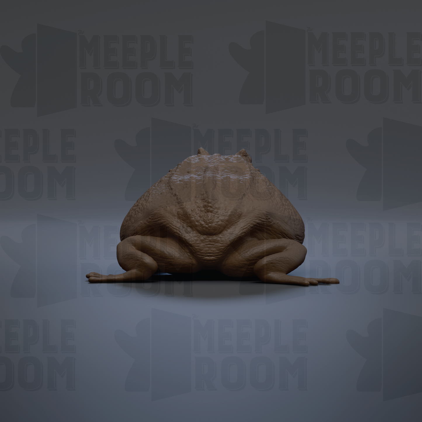 A 3D rendering of a large, brown frog sitting on a gray background.