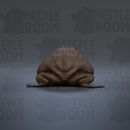 A 3D rendering of a large, brown frog sitting on a gray background.