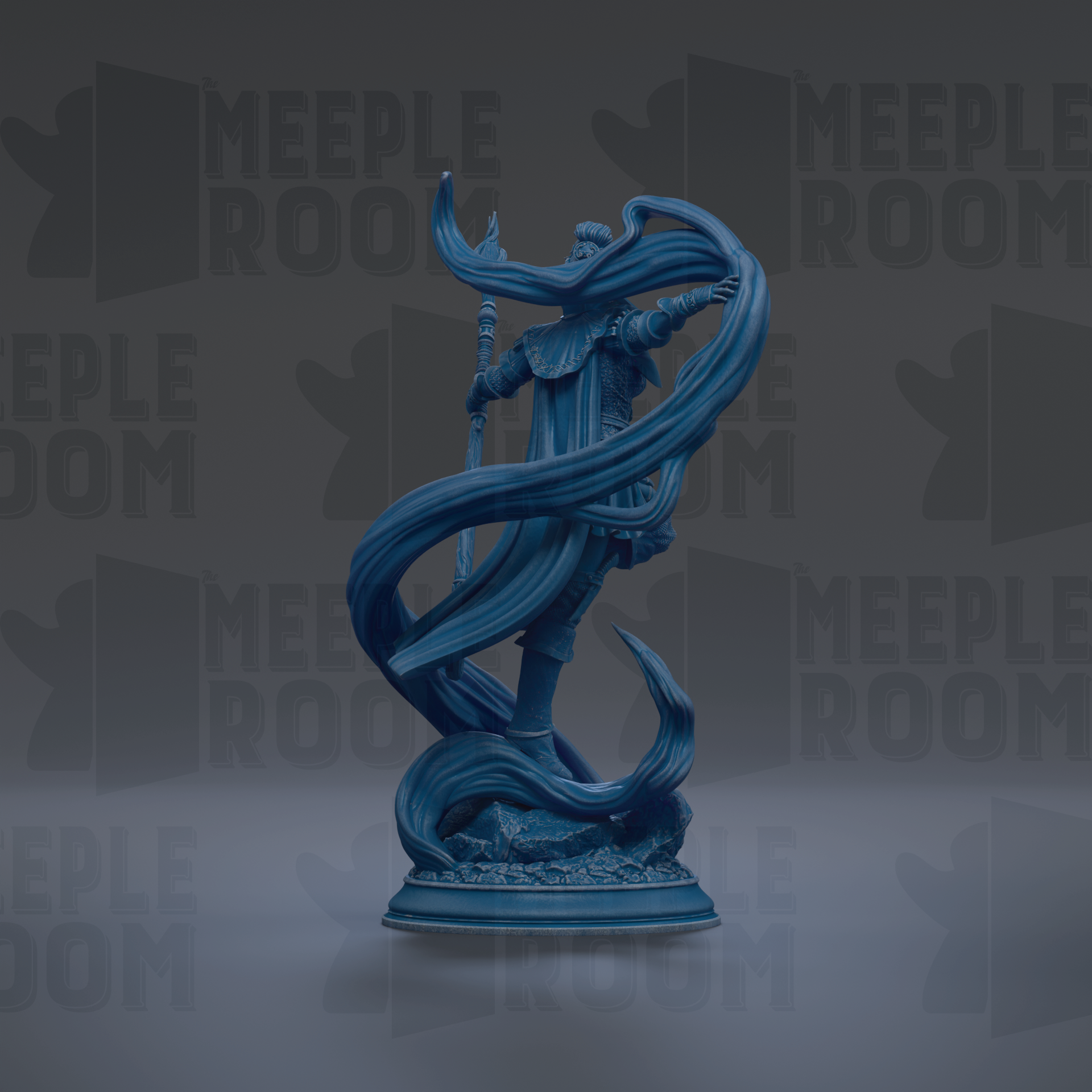 A blue statue of a figure with flowing hair and a flowing cape, standing on a pedestal against a dark background with repeated text.