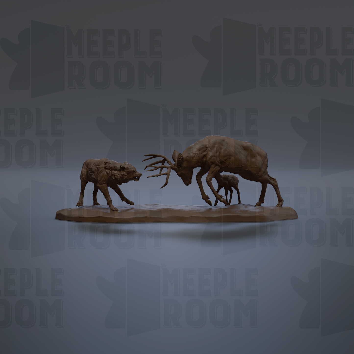 A 3D model of a wolf and a deer, both depicted in a dynamic fighting stance, is shown against a dark background with repeated text.