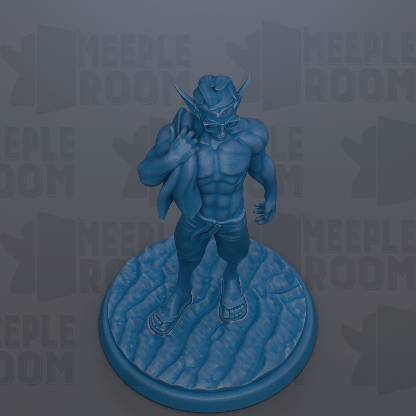 A blue statue of a muscular man standing on a circular base.