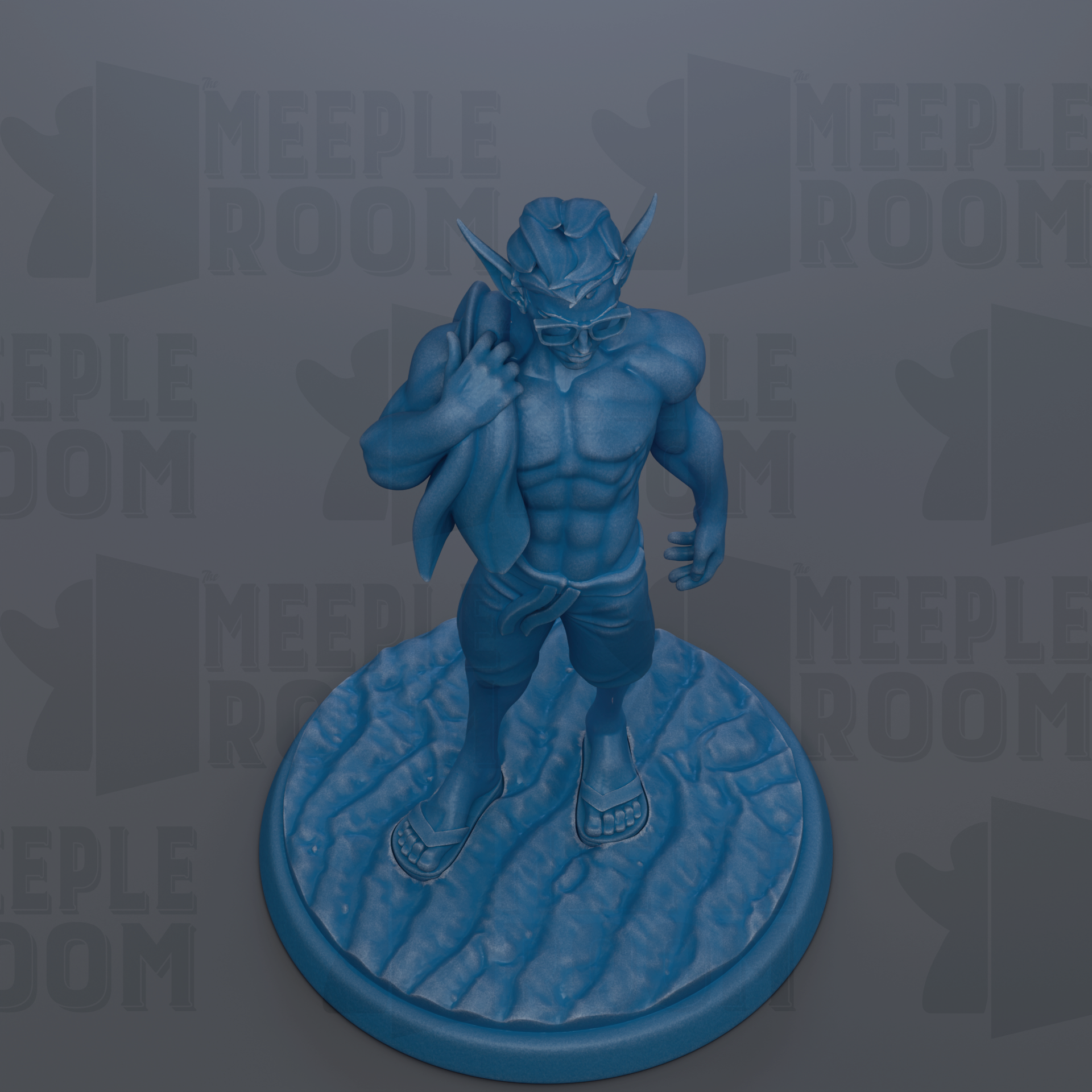 A blue statue of a muscular man standing on a circular base.