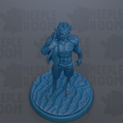 A blue statue of a muscular man standing on a circular base.