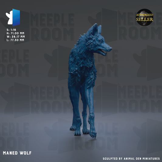 The image is a 3D rendering of a blue wolf statue, specifically the Maned Wolf, which is a type of wolf. The statue is standing on a gray surface and appears to be made of a material that resembles stone or concrete. The background of the image is a dark gray color, and there are repeated instances of the word "MEIPLLE" in the background.