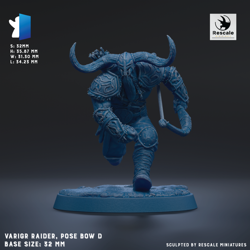a blue armored figure with horns, a bow, and a shield, standing on a base. The figure is posed in a dynamic running stance. The base size is 32mm.