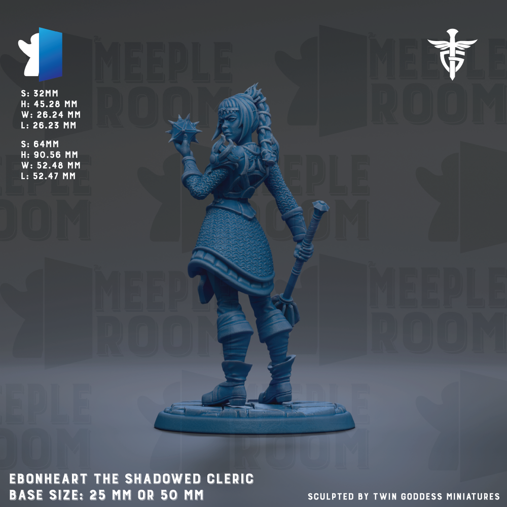 a detailed figurine of a female character, likely a wizard or magical being, with intricate armor and a flowing robe. The figurine is set against a dark background, which emphasizes its details and craftsmanship. The figurine is described as "Ebonheart the Shadowed Cleric" and is shown in various sizes, ranging from 25mm to 50mm. The image is a collage of multiple images, and the caption indicates that it is "sculpted by Twin Goddesses miniatures".