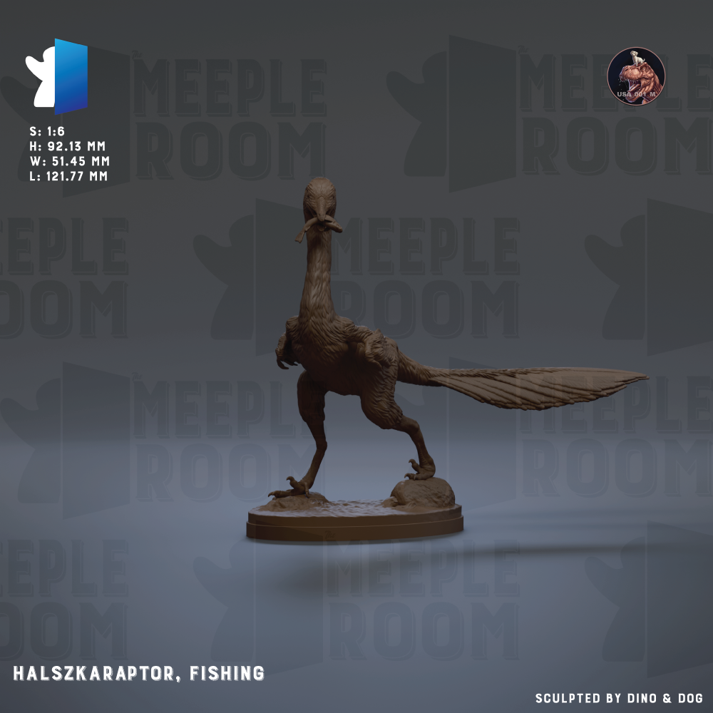 A 3D model of a bird-like creature, possibly a dinosaur or a mythical being, is displayed on a pedestal against a dark background. The image is described as a "Meeple Room" and "Halszkarator, Fishing", suggesting it is a part of a larger collection or exhibition.
