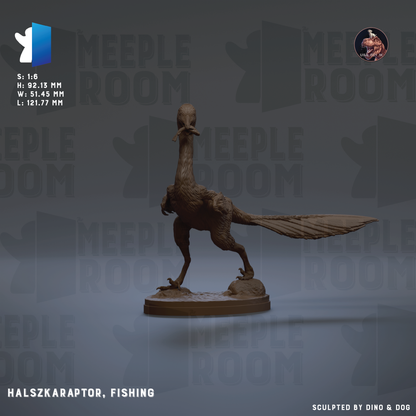A 3D model of a bird-like creature, possibly a dinosaur or a mythical being, is displayed on a pedestal against a dark background. The image is described as a "Meeple Room" and "Halszkarator, Fishing", suggesting it is a part of a larger collection or exhibition.